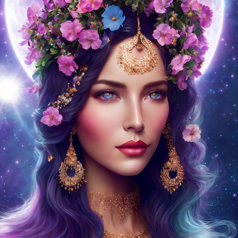 Illustration: Woman with Blue and Purple Hair, Floral Crown, and Golden Jewelry