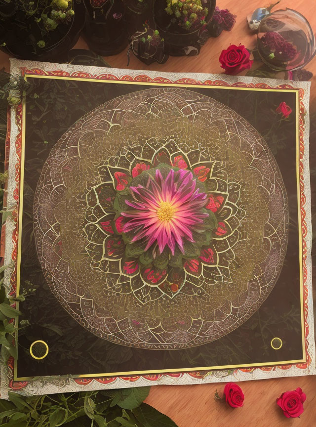 Colorful mandala design with pink flower on wooden surface surrounded by plants.