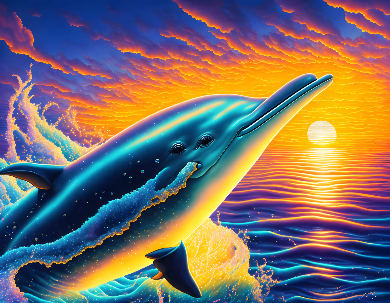 Colorful Dolphin Leaping Over Ocean at Sunset
