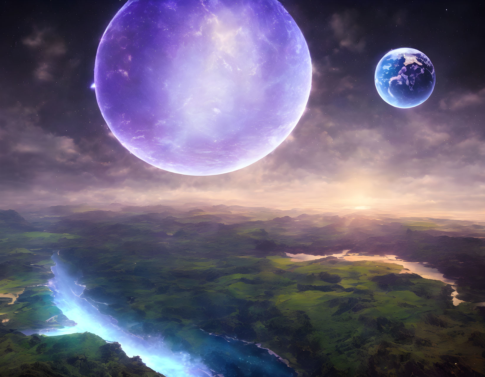 Majestic twilight scene with purple planet and Earth-like world in starry sky