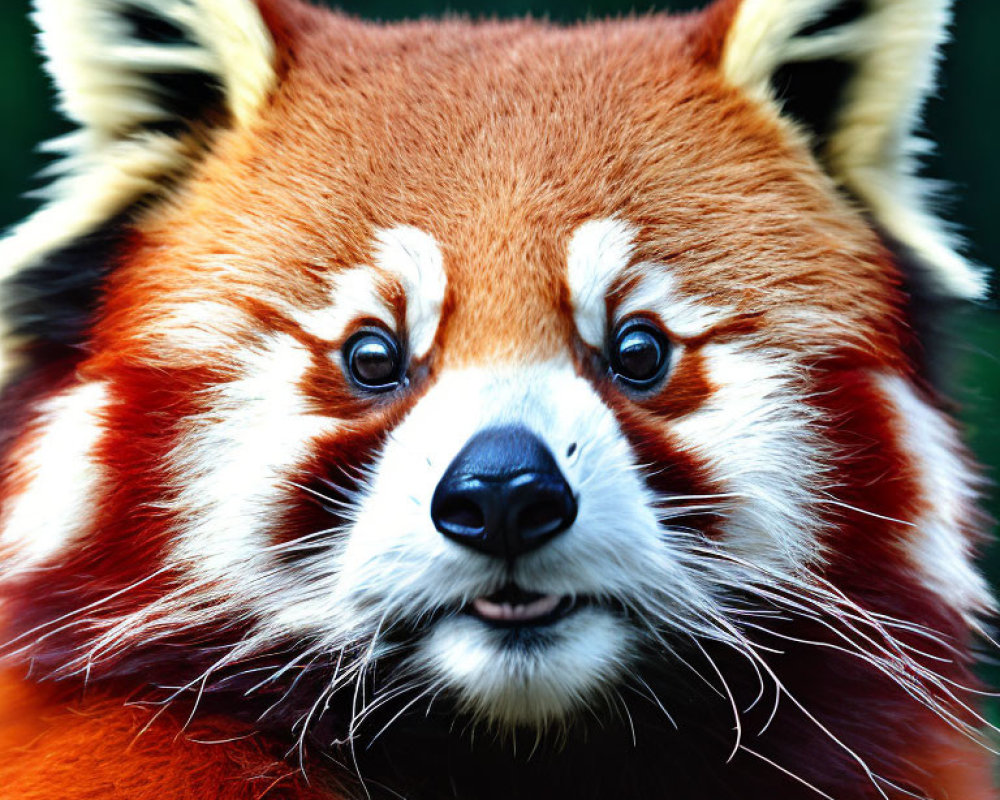 Detailed red panda face with bright eyes and fur texture on green background