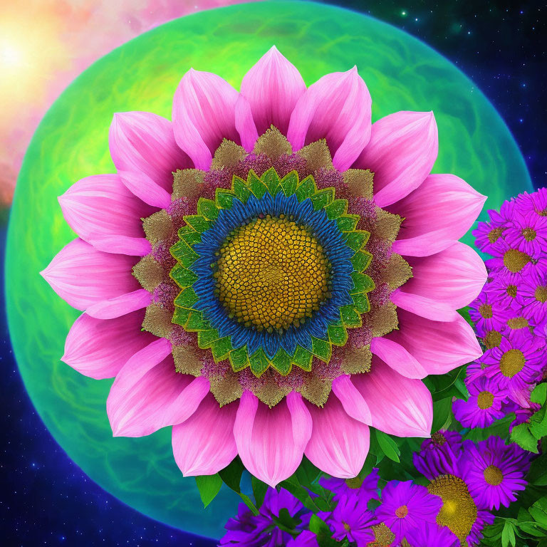 Colorful digital artwork: Pink sunflower on green planet with starry sky