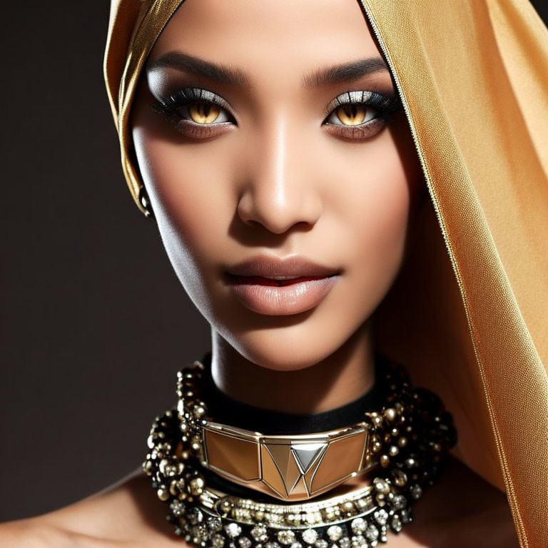 Portrait of woman with striking makeup, golden headscarf, and ornate choker necklace.