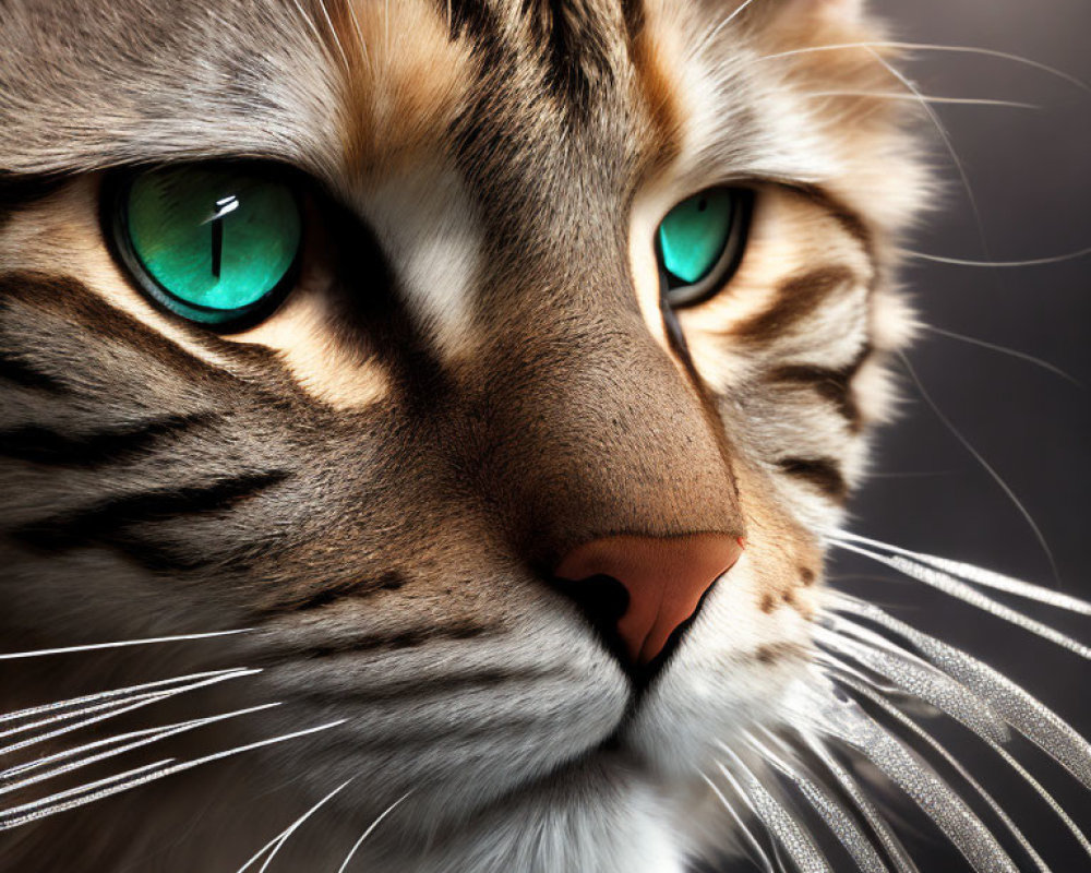 Detailed Close-Up of Cat with Striking Green Eyes and Prominent Whiskers