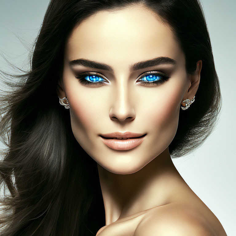 Portrait of woman with blue eyes, flawless skin, glossy brown hair, diamond earrings