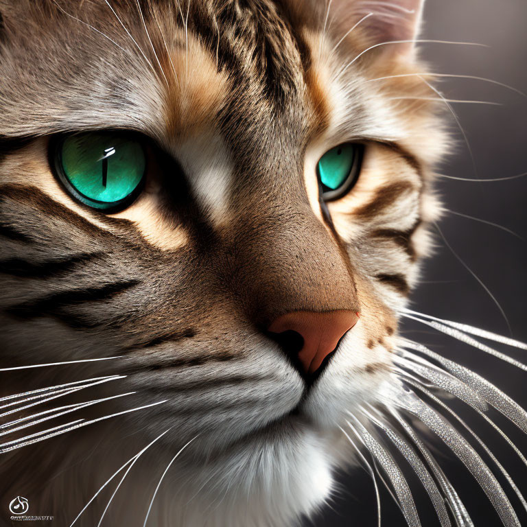 Detailed Close-Up of Cat with Striking Green Eyes and Prominent Whiskers