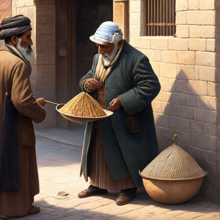 Elderly Men in Traditional Attire Inspecting Grains in Marketplace