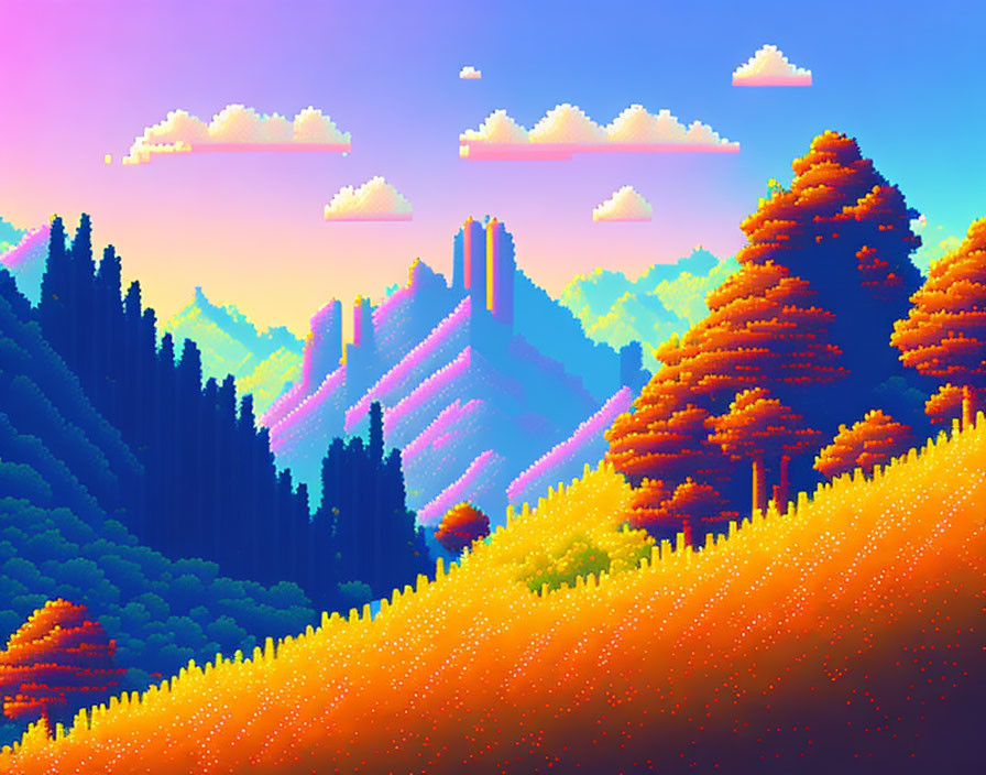 Colorful Pixel Art Landscape with Multicolored Trees and Purple Mountains