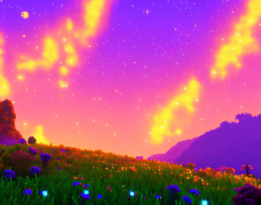 Colorful Sky Transitioning from Purple to Orange Over Pixelated Aurora and Blocky Flowers