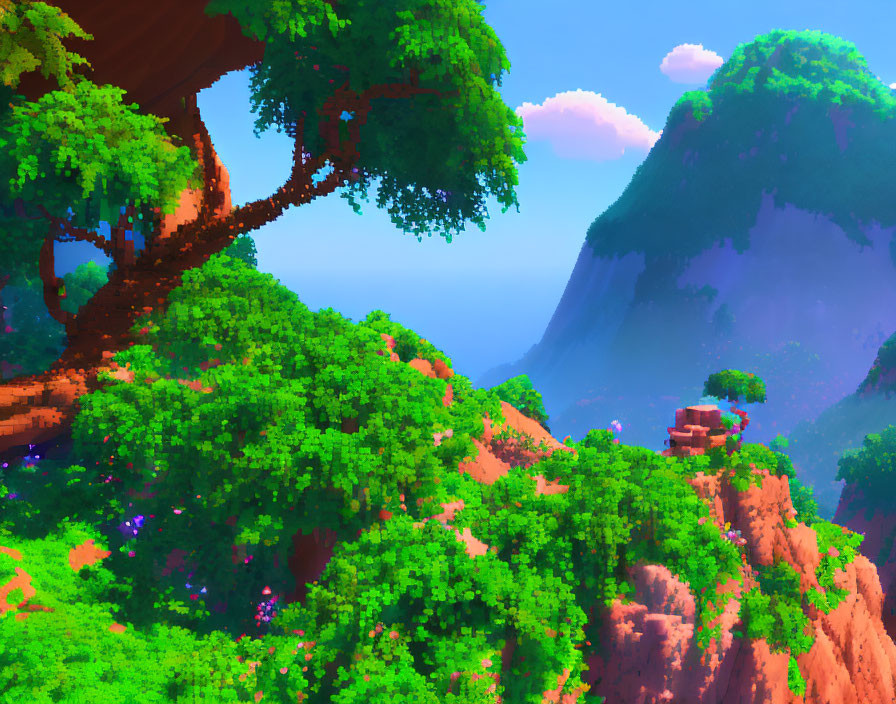 Lush pixelated landscape with large tree and cliffs