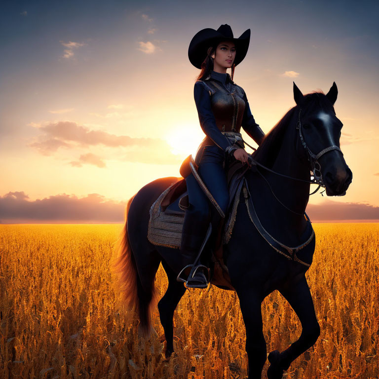 Cowgirl on Black Horse in Golden Field at Sunset