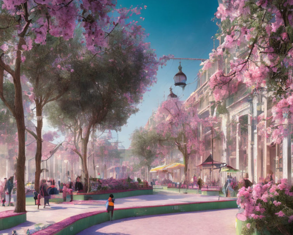 City street with cherry blossoms, vintage lamps, and European buildings