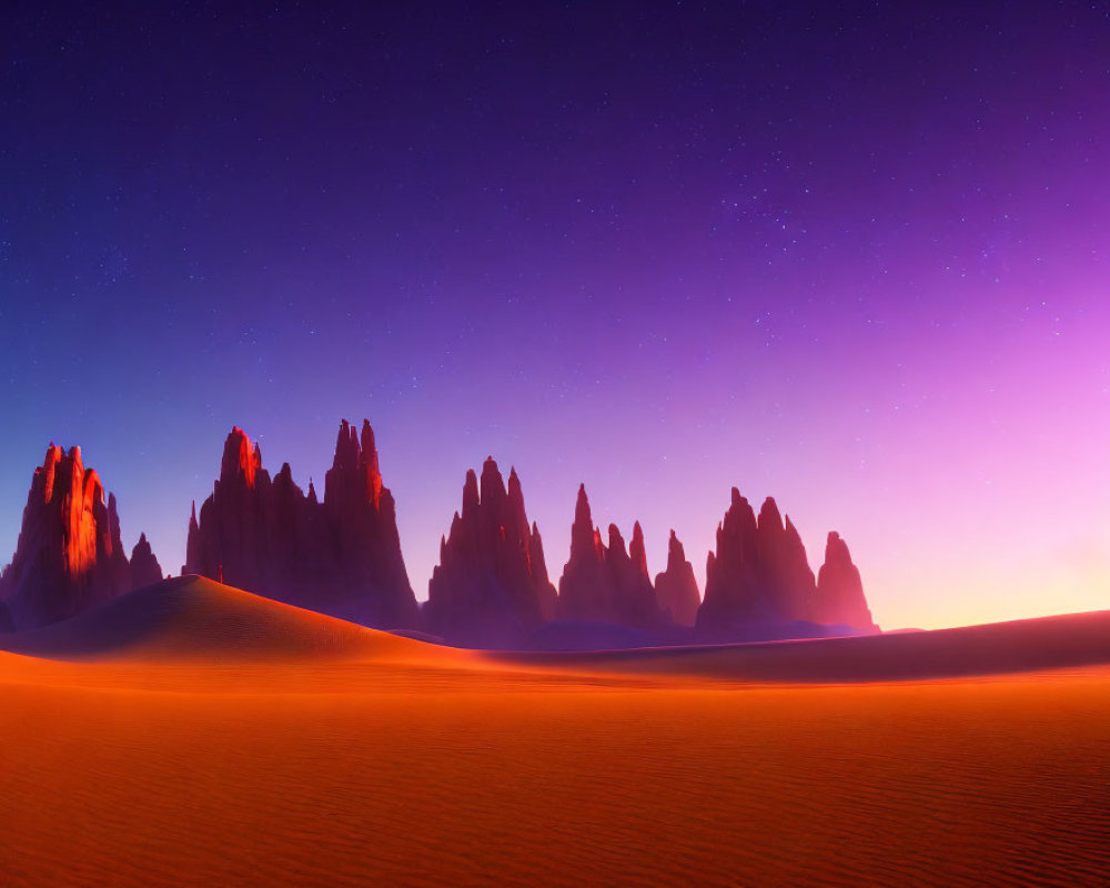 Desert Twilight Panorama with Majestic Rock Formations and Starry Sky