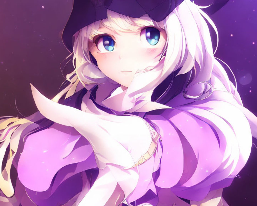 Golden-haired anime girl in black hat and purple cloak against cosmic backdrop
