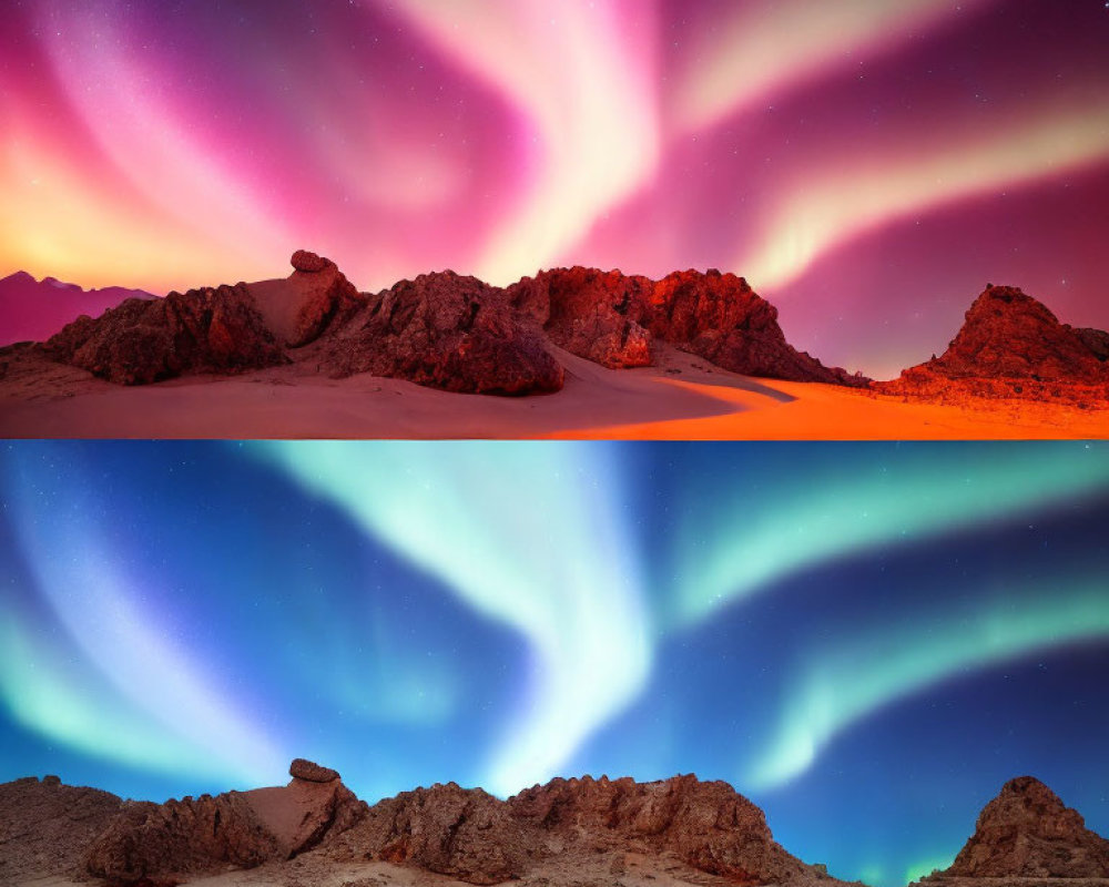 Desert landscape with vibrant auroras over rocky terrain