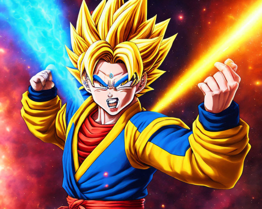 Muscular character with spiky hair in fighting stance with blue and yellow energy aura on cosmic backdrop
