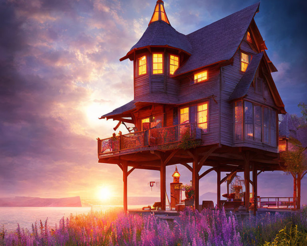Wooden house on stilts in field of purple flowers at sunset with lake view