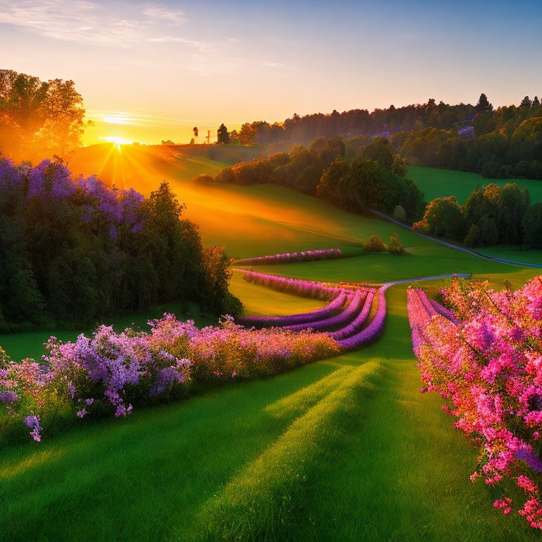 Scenic countryside sunset with purple flowers and green hills