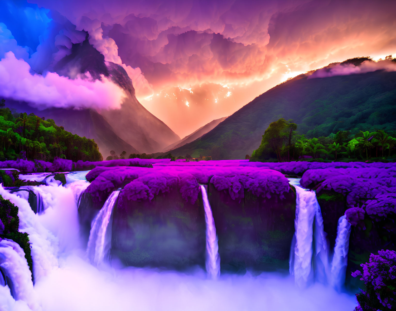 Cascading Waterfall in Lush Greenery with Purple Foliage under Dramatic Sky