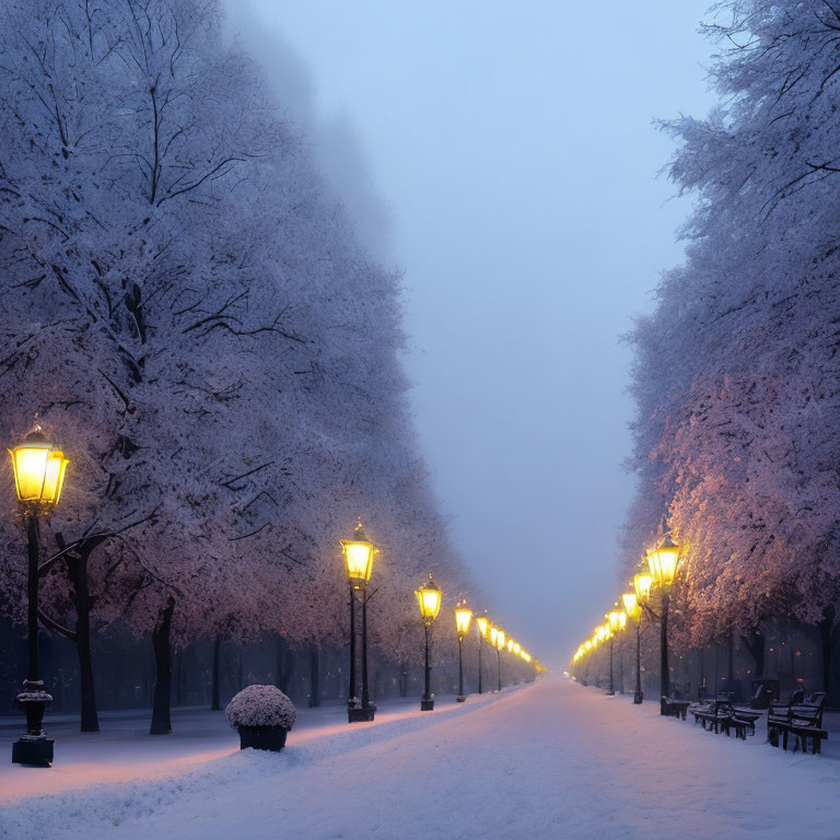 Snow-covered park path with glowing street lamps and frosty trees at dusk