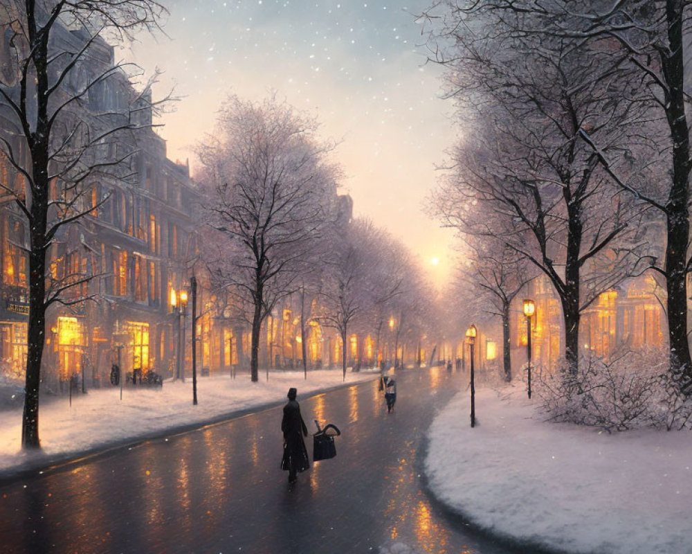 Snowy Evening Scene: People Walking Under Street Lamps in Urban Setting