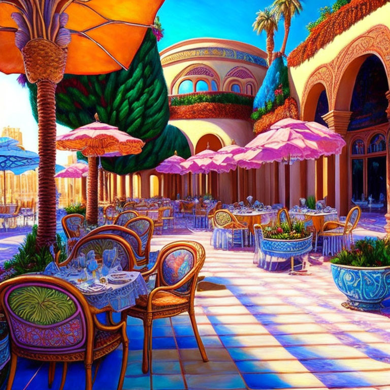 Vibrant Outdoor Dining Area with Pink Umbrellas and Middle Eastern Architecture