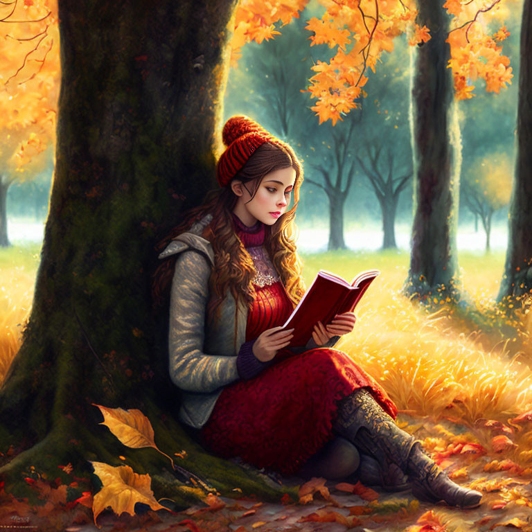 Woman Reading Book Under Tree Surrounded by Autumn Leaves