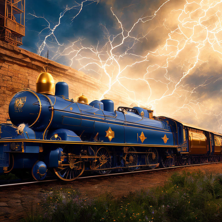 Blue and gold steam locomotive under electric storm with lightning bolts