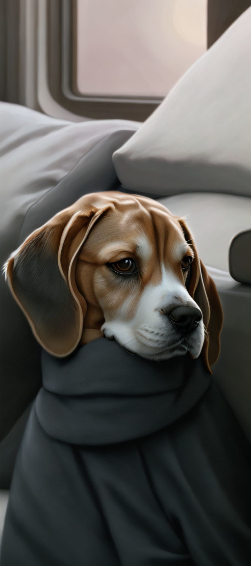 Brown and white Beagle resting on sofa with gray blanket.
