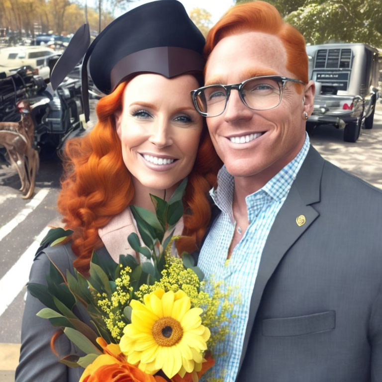 Red-haired woman in graduation cap and man in suit outdoors with trees and vehicles