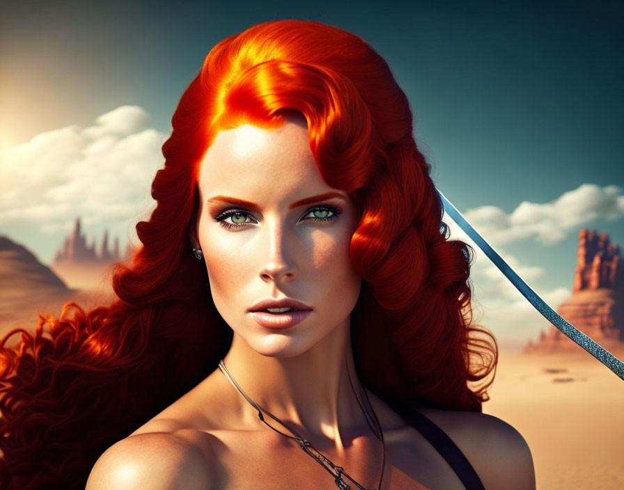 Digital artwork of woman with red hair in desert landscape