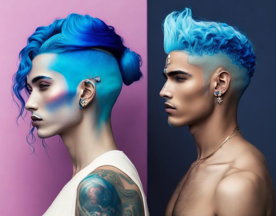 blue haired woman, two men