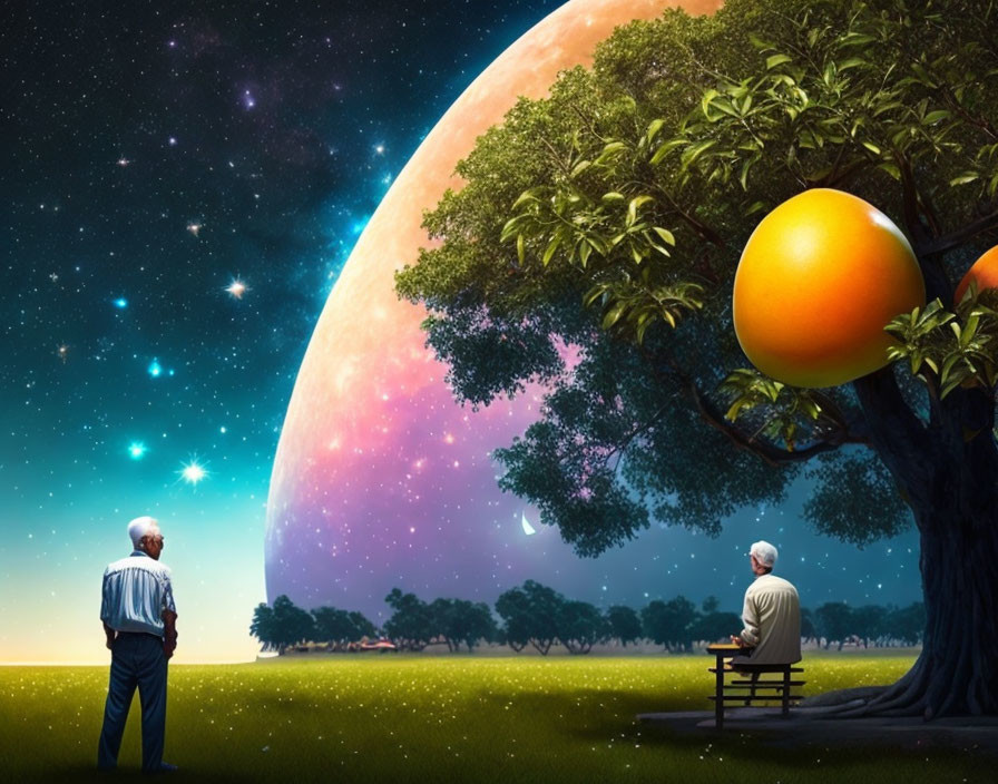 Elderly men observing surreal cosmic scene with giant orange and oversized moon
