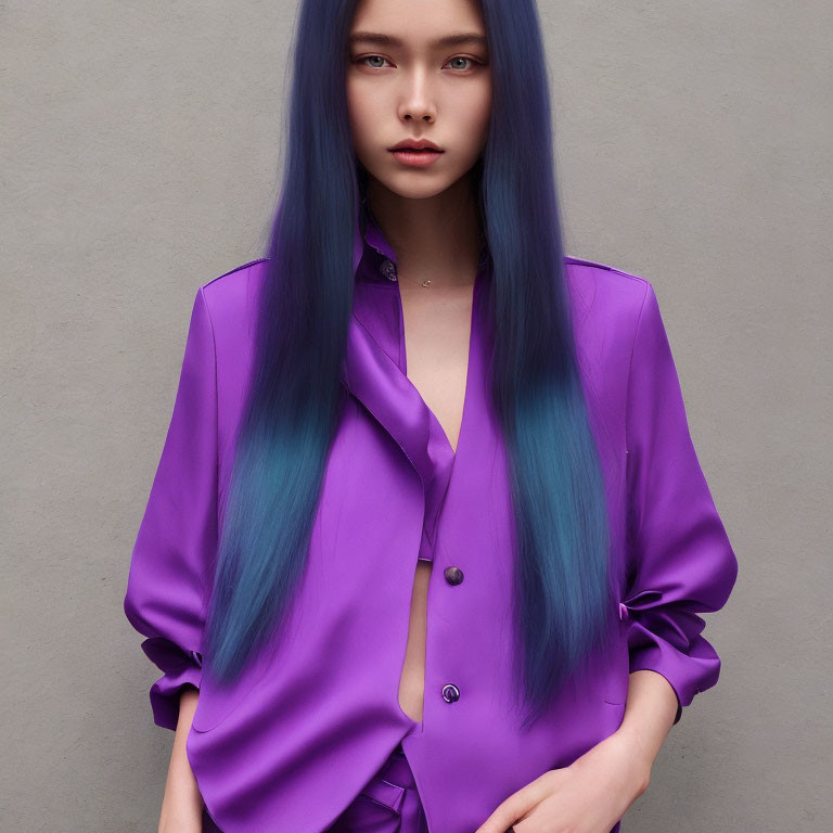 Blue-haired person in purple satin blouse against grey background