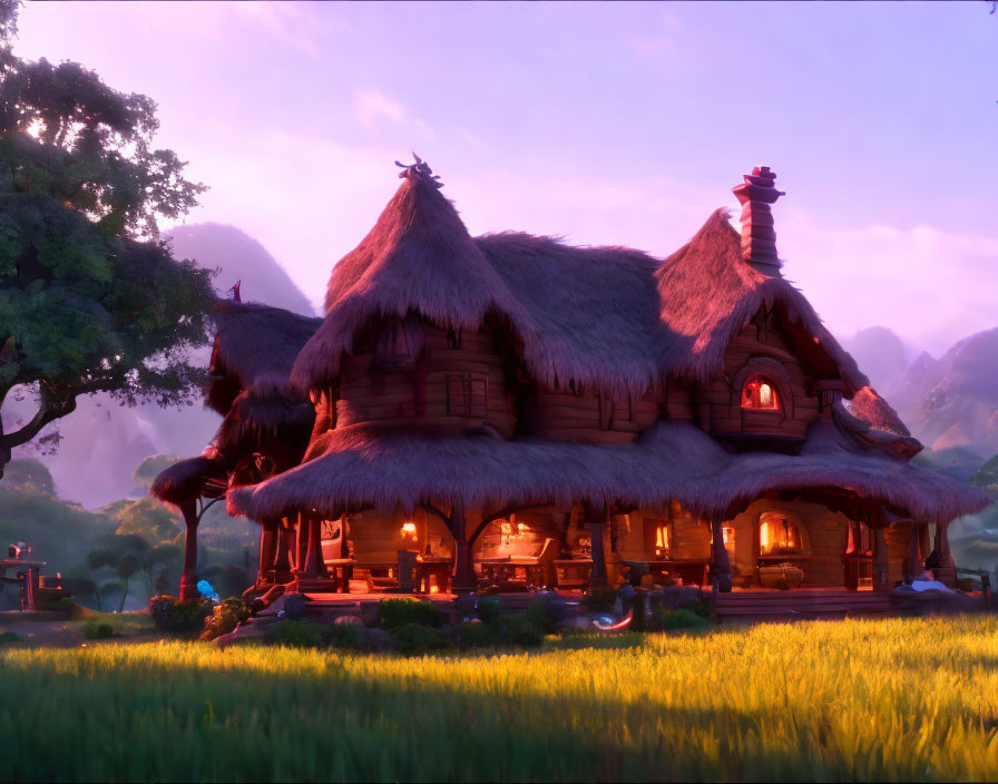 Enchanting Thatched Cottage in Twilight Forest