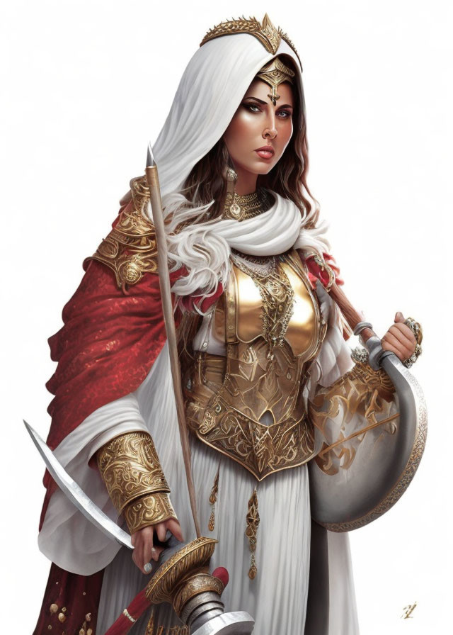 Regal warrior woman in golden armor with sword and helmet