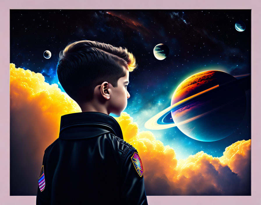 Young boy gazes at vibrant cosmic scene with planets, stars, and nebulae.