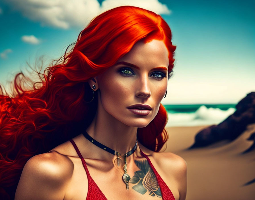 Digital illustration of woman with red hair and green eyes on beach backdrop