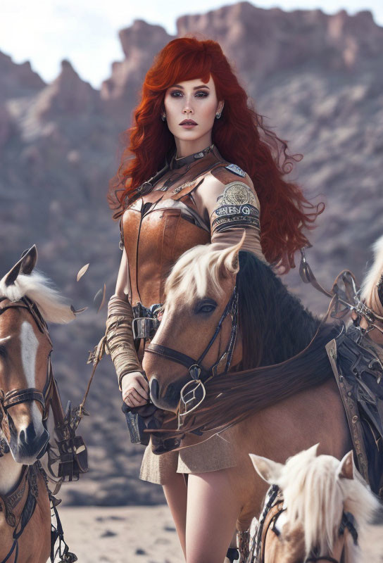 Red-haired woman in warrior attire with horses in desert landscape