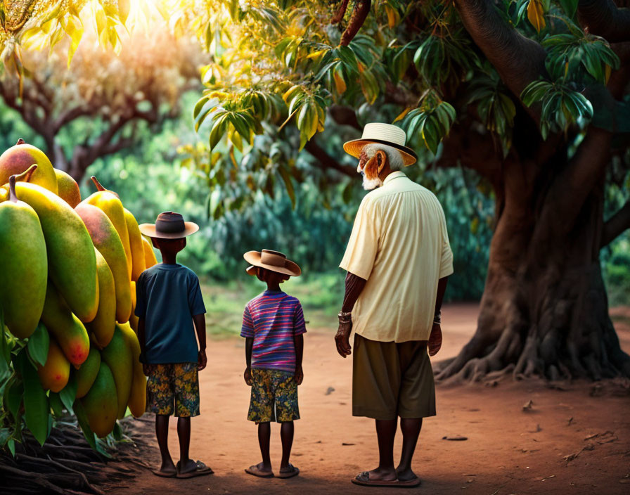Elderly Man and Children with Hats Under Tree Canopy and Mangoes
