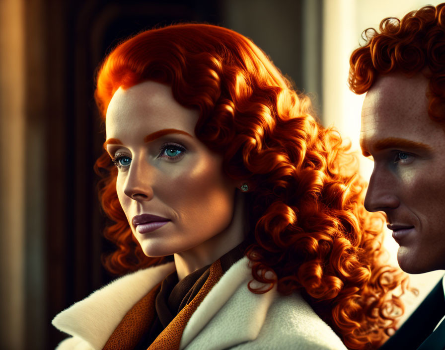 Vibrant red-haired woman and man looking thoughtfully together