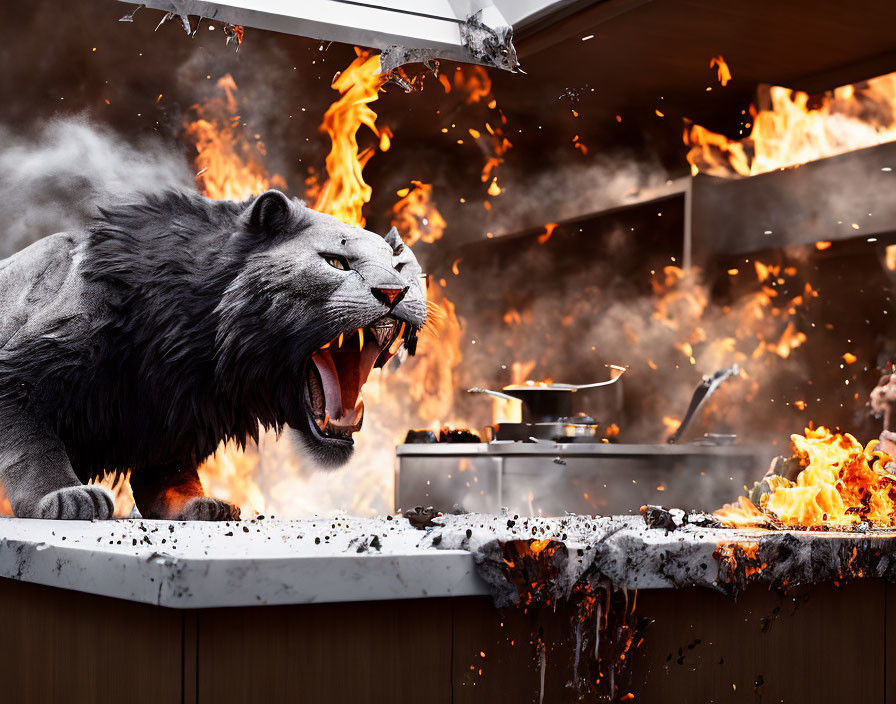 Digital artwork: Roaring grey lion in flaming kitchen