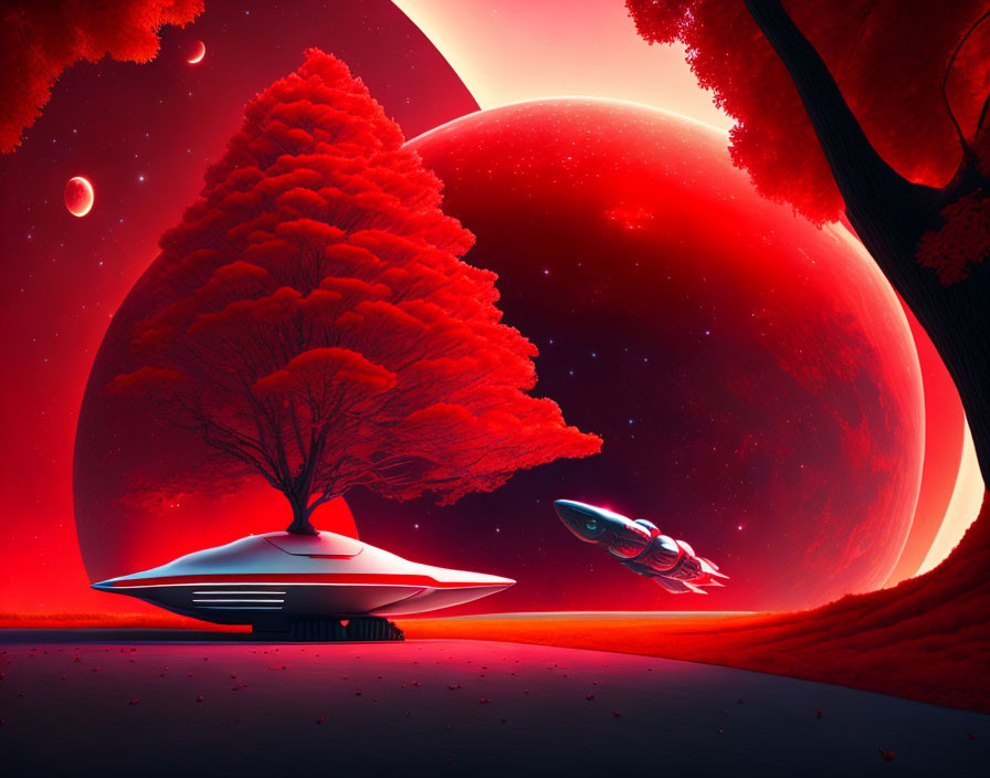 Futuristic sci-fi landscape with solitary tree and spacecraft amidst red celestial bodies