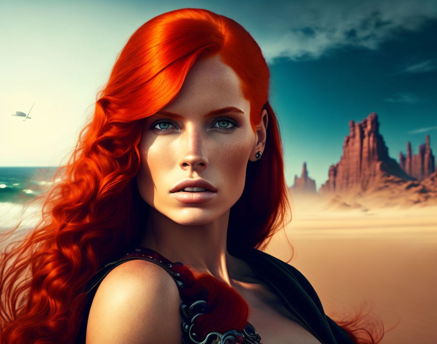 Vibrant red hair and blue-eyed woman in desert landscape with bird.