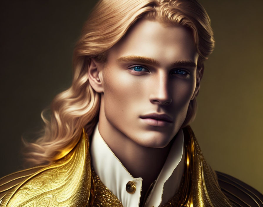 Blond Man in Gold and White Jacket on Dark Background