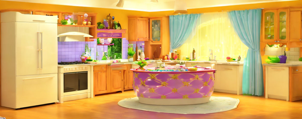 Vibrant kitchen with yellow walls, purple island, white fridge, and blue curtains