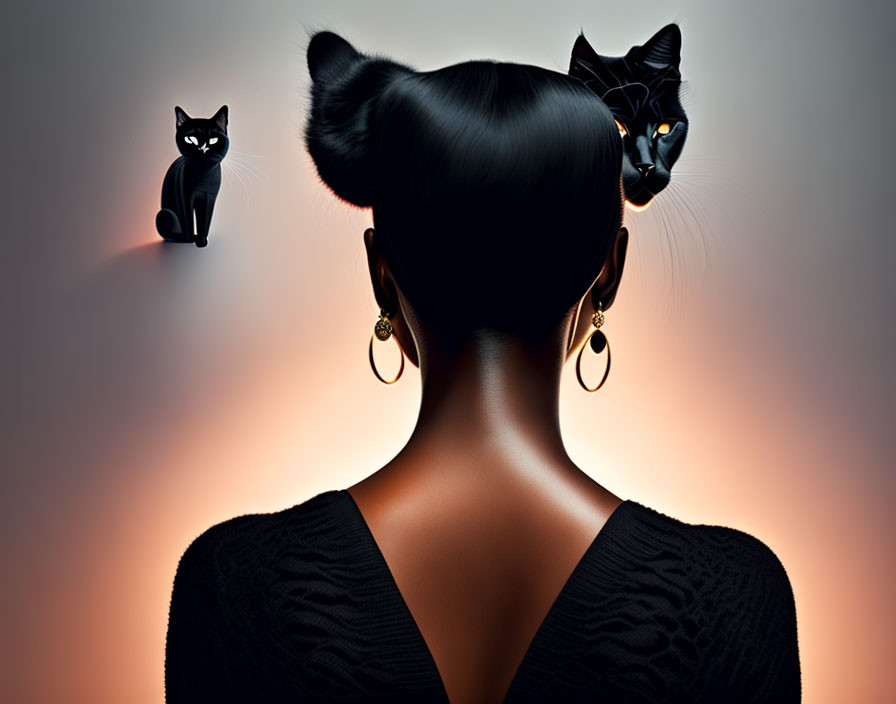 woman and black cat seen from behind