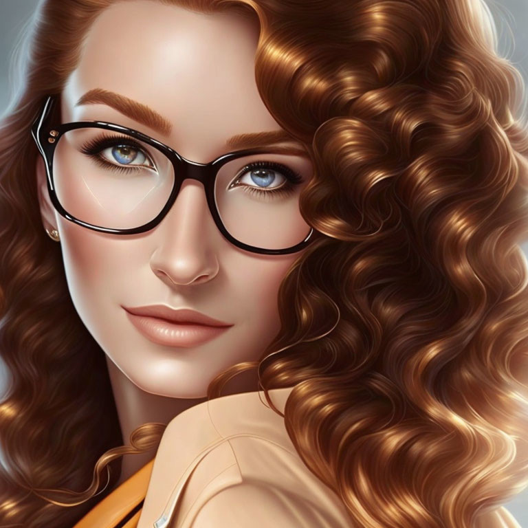 Woman with Curly Hair, Blue Eyes, Glasses, and Orange Top Illustration