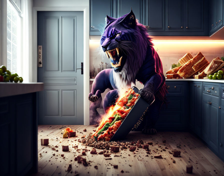 Purple wolf-like creature grates cheese in messy kitchen