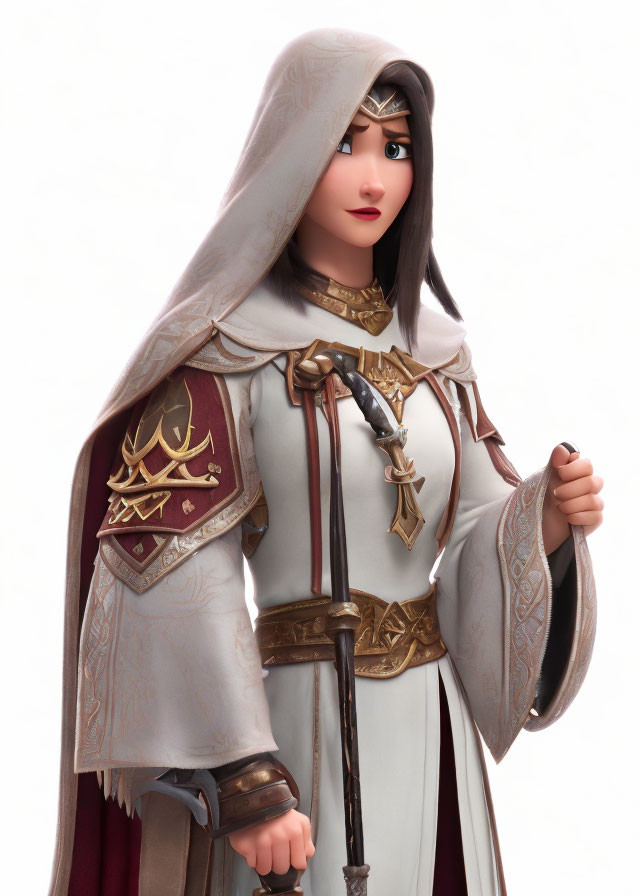 Fantasy-themed 3D animated female character in white robe with gold and crimson accents holding a staff